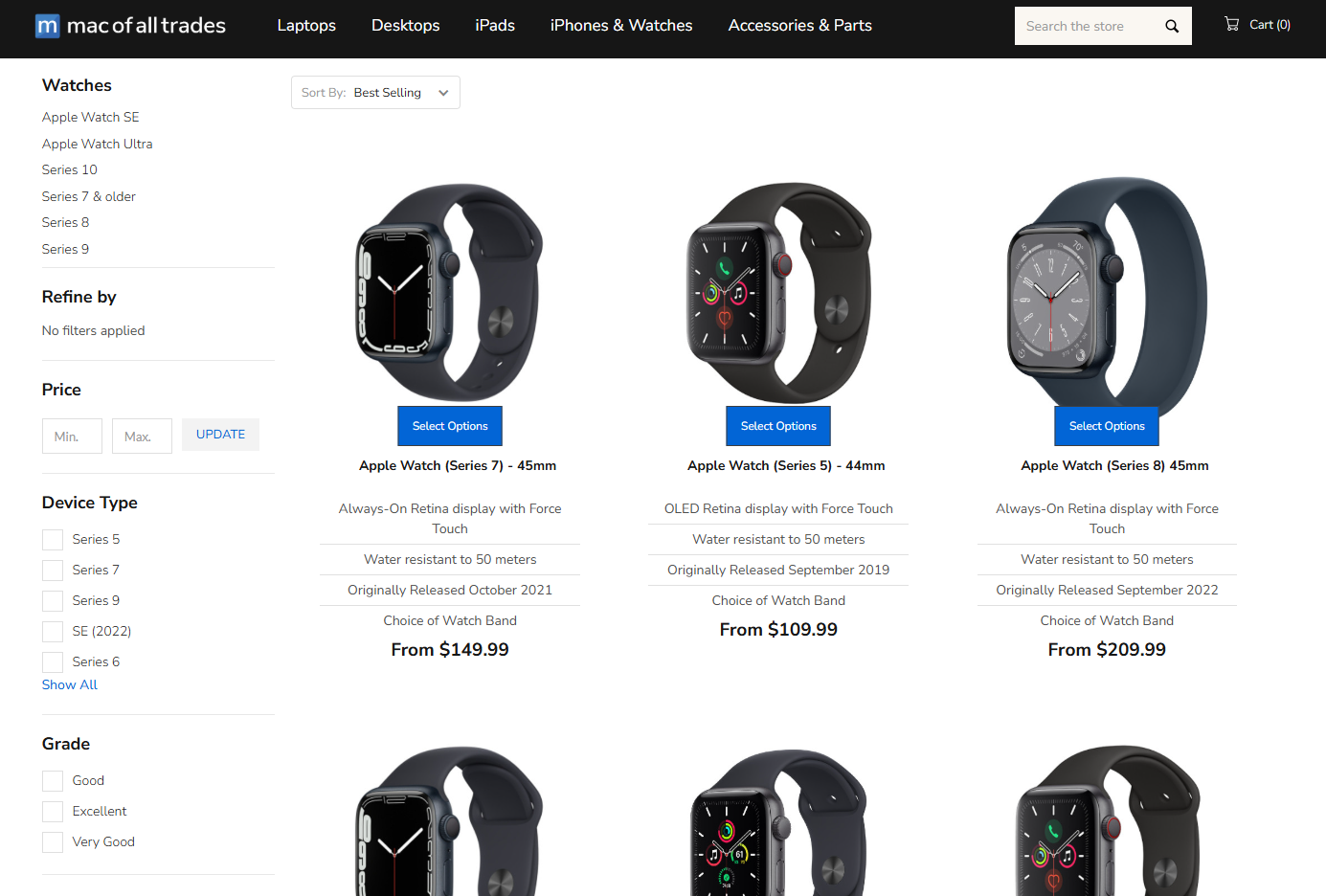 Screenshot of refurbished Apple Watches on Mac of All Trades