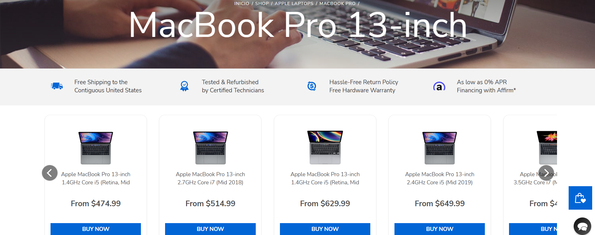 Screenshot of the refurbished MacBook Pro catalog in Mac of All Trades