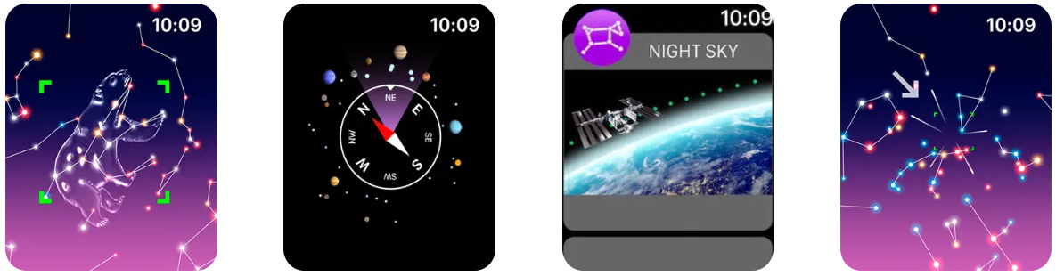 Captura de pantalla de la app Night Sky en Apple Watch con complicaciones