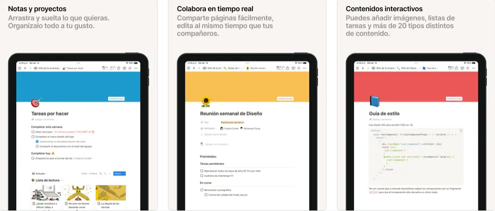 Capturas de pantalla de la app Notion para iPad