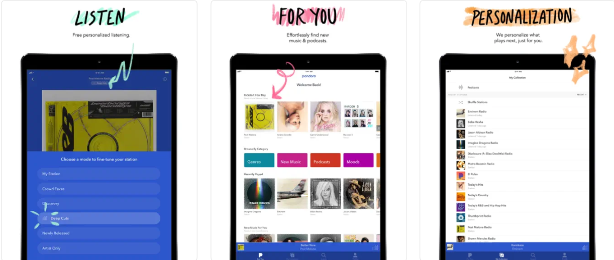 Pandora app for iPad screenshots