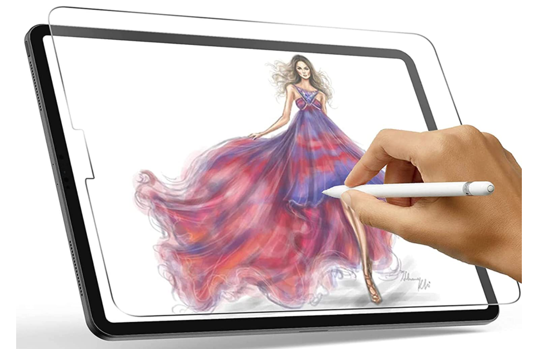 Drawing of a woman on an iPad with a paperlike screen protector product photo