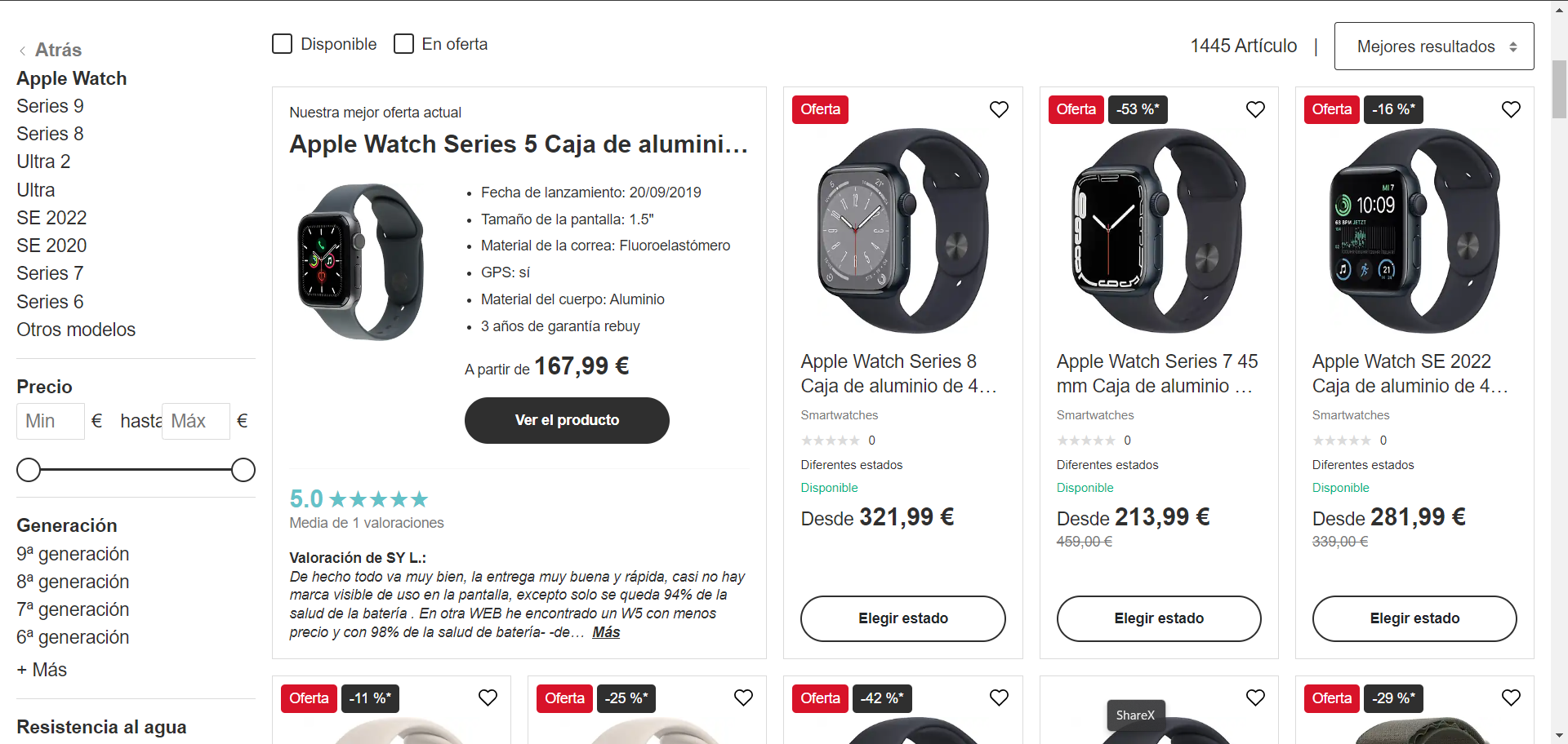 Captura de pantalla de reBuy con Apple Watches reacondicionados