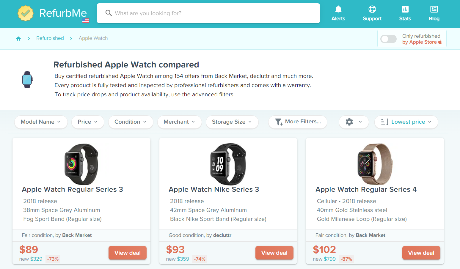 Screenshot of refurbished Apple Watches on RefurbMe