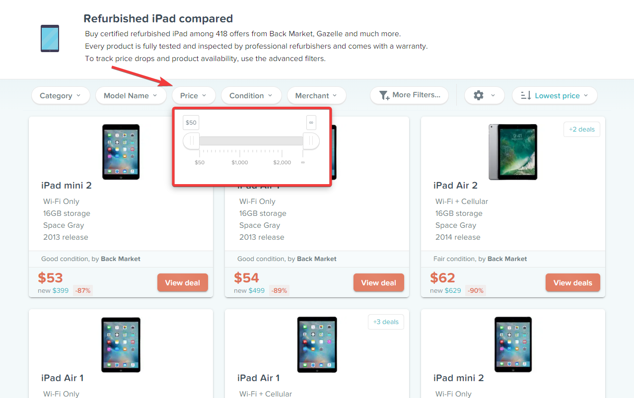Filtering iPads by price on RefurbMe