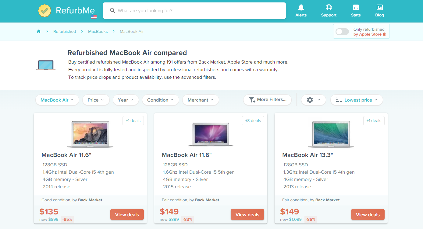 RefurbMe screenshot with MacBook Air deals