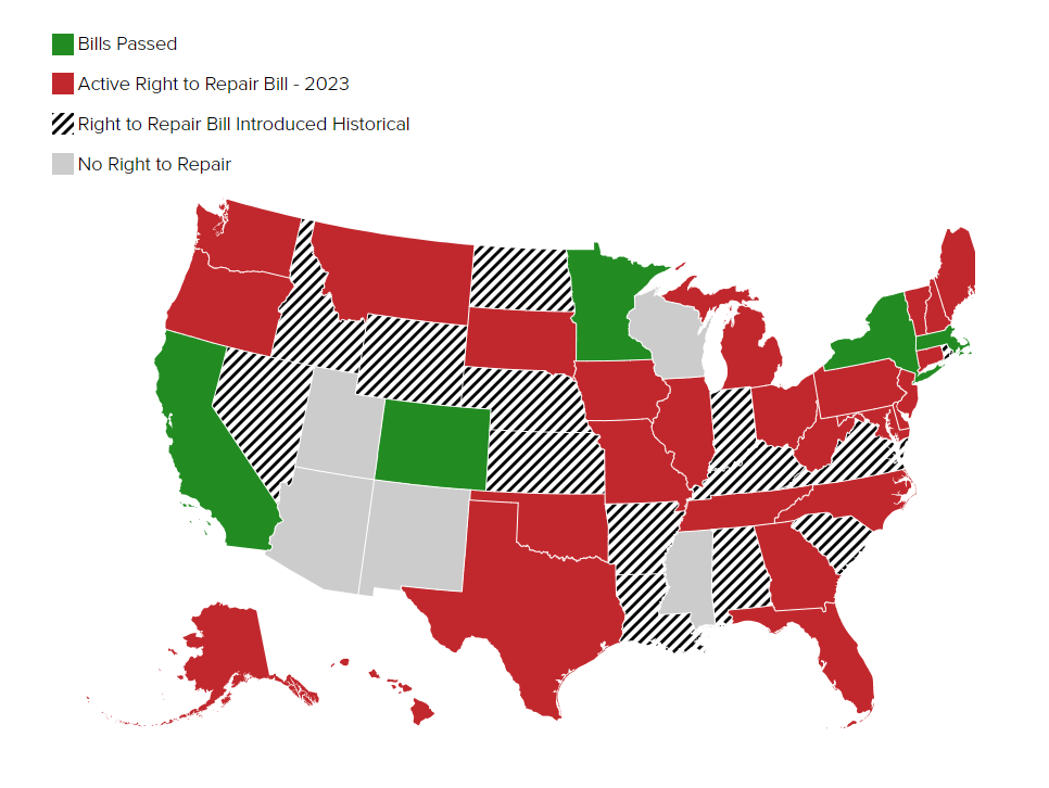 Mapa de proyectos de ley activos sobre el derecho a reparar en Estados Unidos en otoño de 2023