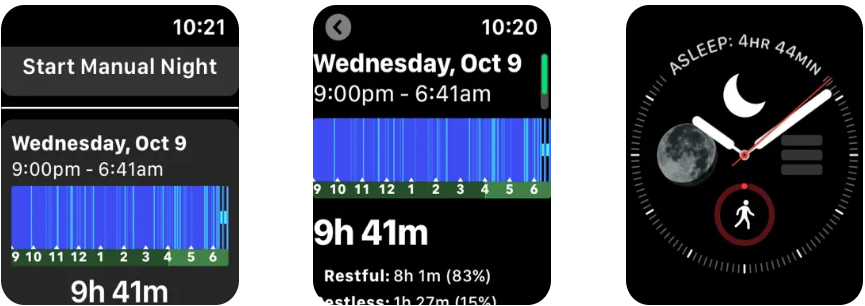 Captura de pantalla de la app Sleep++ en Apple Watch con complicaciones