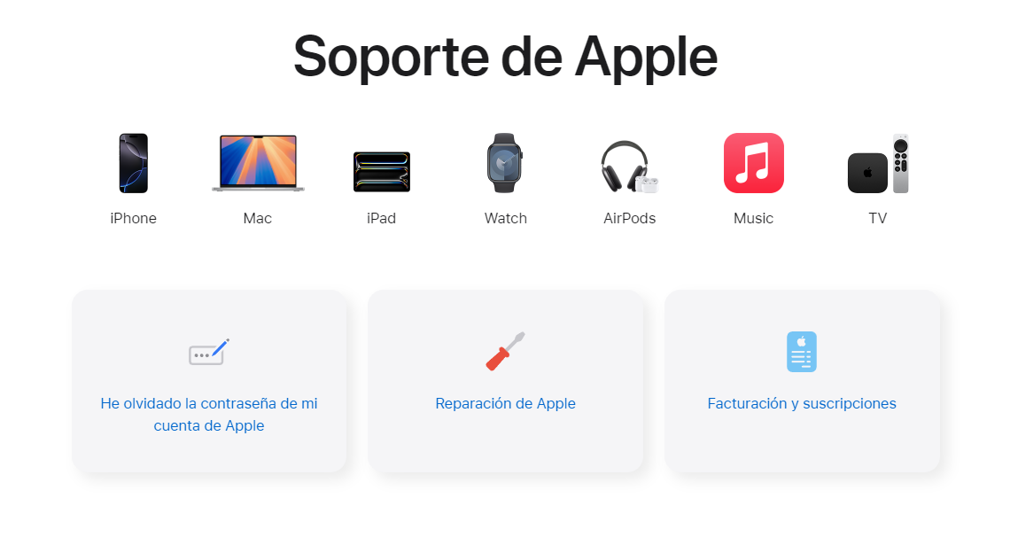 Captura de pantalla del sitio de soporte de Apple