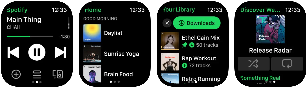 Captura de pantalla de la app Spotify en Apple Watch con complicaciones