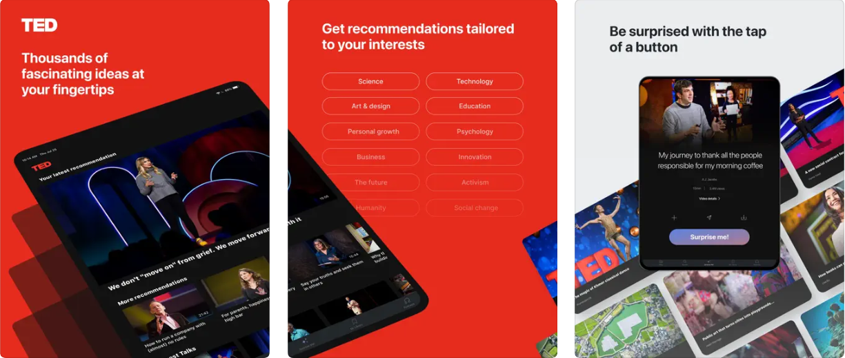 Capturas de pantalla de la app TED para iPad