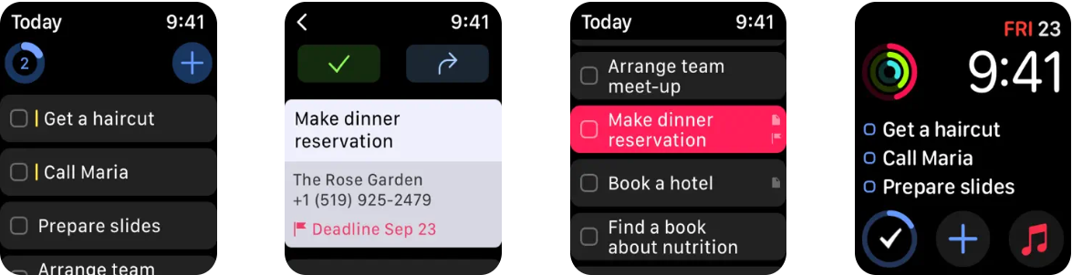 Captura de pantalla de la app Things 3 en Apple Watch con complicaciones