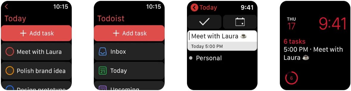 Captura de pantalla de la app Todoist en Apple Watch con complicaciones