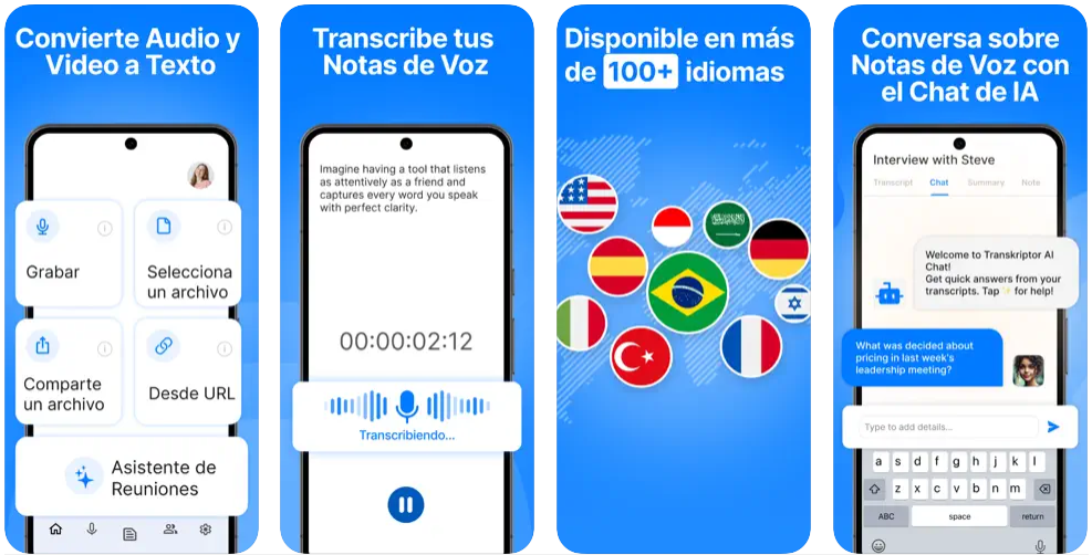 Capturas de pantalla de la aplicación Transkriptor para iPhone