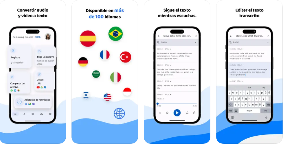 Capturas de pantalla de la aplicación Transkriptor para iPhone