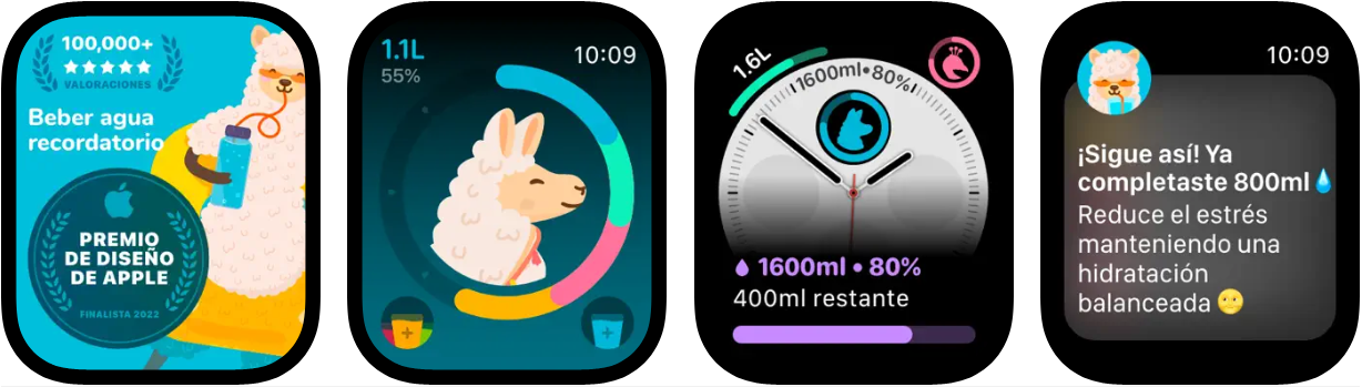 Captura de pantalla de la app Waterllama en Apple Watch con complicaciones