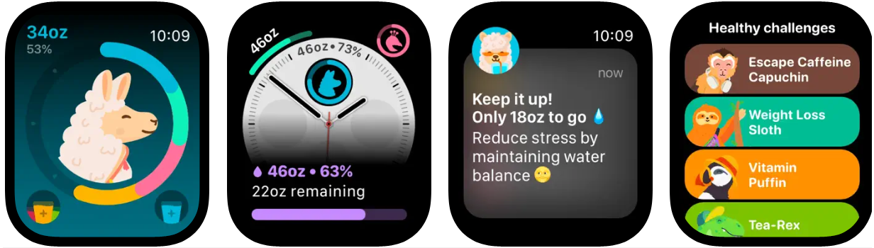 Waterllama Water Tracker app Apple Watch complications screenshots