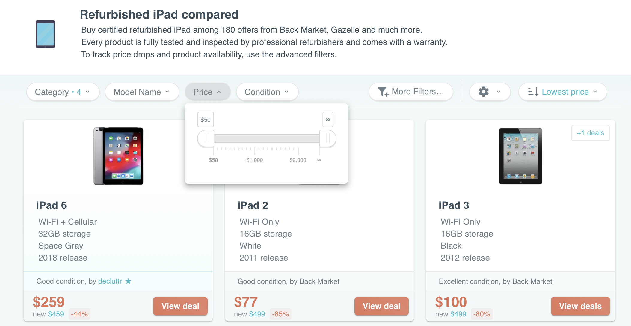 RefurbMe filtering iPad by price